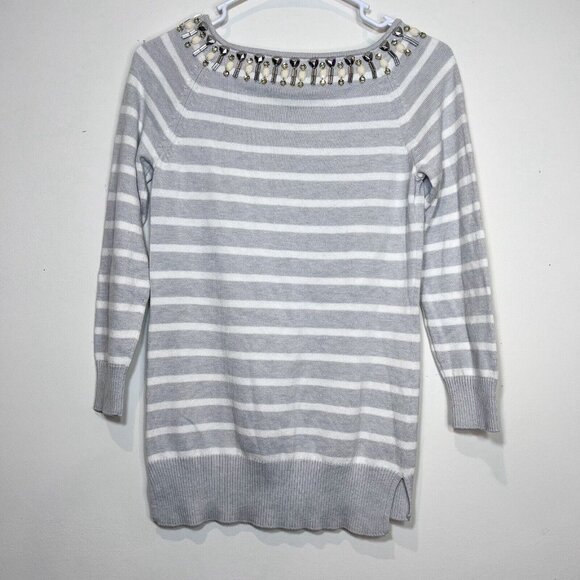 C Wonder Sweater XXS Womens Grey Cream‎ Jewel Boat Neck Striped Pullover - Picture 7 of 9